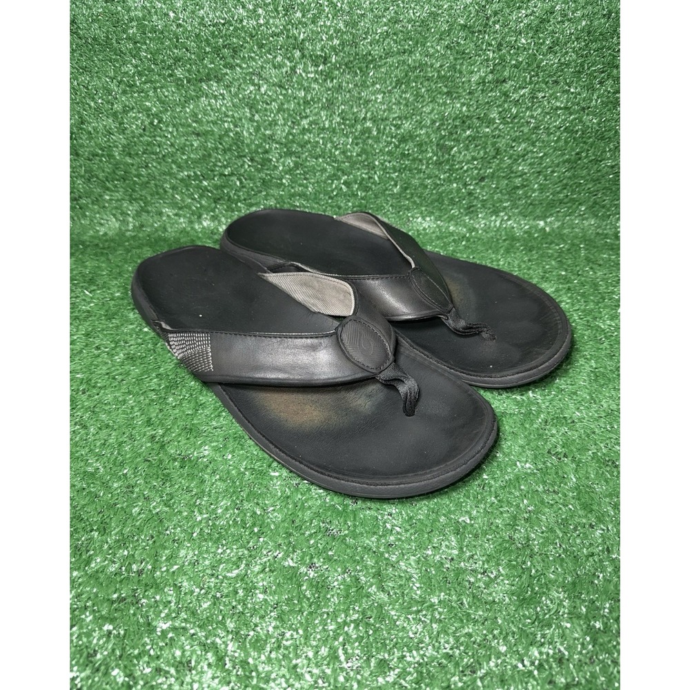 OluKai Tuahine Mens Size 13 Leather Black Beach Flip Flops Sandals Thong Slip On - Picture 2 of 8